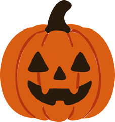 a classic Halloween jack-o'-lantern pumpkin with a carved face, triangular eyes, and a wide smiling mouth, featuring a black stem on top.