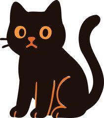 a black cat with orange eyes, nose, and accents, sitting upright with a slightly surprised expression.