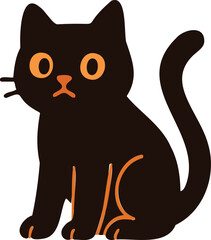 a black cat with orange eyes, nose, and accents, sitting upright with a slightly surprised expression.