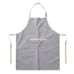 Studio shot of a neutral gray apron with tan straps and a central pocket on a white background