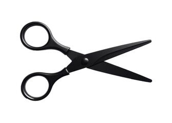 Professional black scissors with elegant curved handles positioned open against clean white background. Sharp metallic blades create striking contrast. For crafting and office themes.
