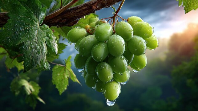 Fresh Green Grapes with Water Droplets on a Vine - Powered by Adobe