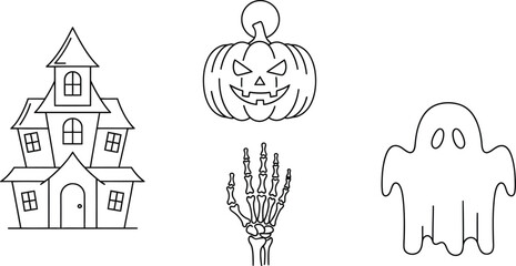 Spooky halloween icons featuring a haunted house pumpkin skeleton hand ghost