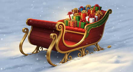 Christmas day santas sleigh filled with christmas gifts on a snowy landscape, a festive illustration of holiday cheer and the spirit of giving and joy