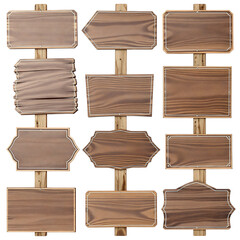 Collection of Rustic Wooden Signboards with Various Shapes on White
