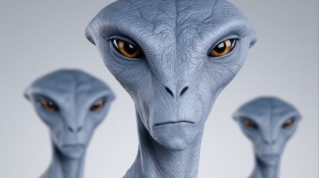 Three aliens with big eyes and a big head. The aliens are looking at the camera. The aliens are made of plastic - Powered by Adobe