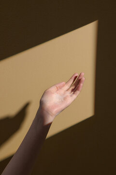 Outstretched Hand in Sunlight Against Minimalist Beige Background