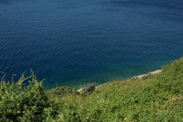 View of the greenery and the Adriatic Sea from the mountain, aerial view