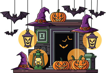 Spooky halloween decorations with pumpkins bats and witch hats for a fun party