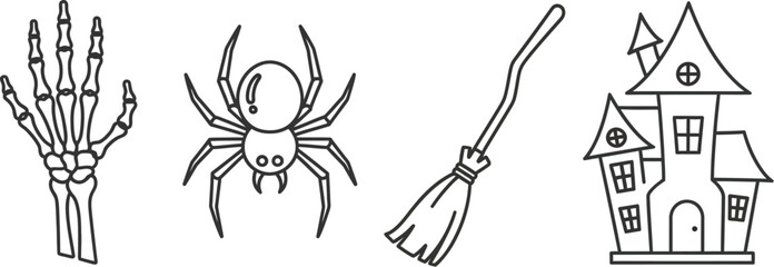Halloween line art featuring skeleton hand spider broom and haunted house