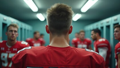 Football players in red uniforms prepare for game in locker room. Teamwork, intense focus, camaraderie evident. Players exhibit determination, ambition, training commitment before competition.