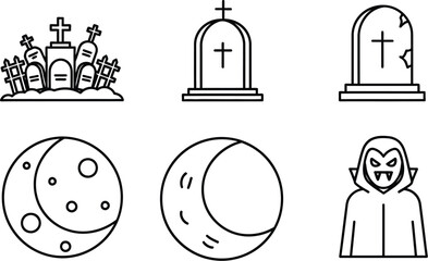 Spooky halloween icons featuring tombstones moon phases and a cartoon vampire