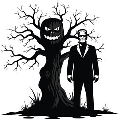 Frankenstein stands by a spooky tree with a pumpkin face on halloween night