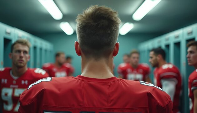 Football players in red uniforms prepare for game in locker room. Teamwork, intense focus, camaraderie evident. Players exhibit determination, ambition, training commitment before competition.