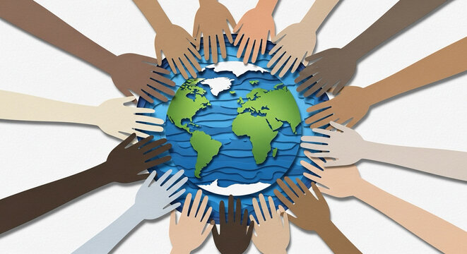 Paper-cut style Earth with hands holding it from all sides, unity concept