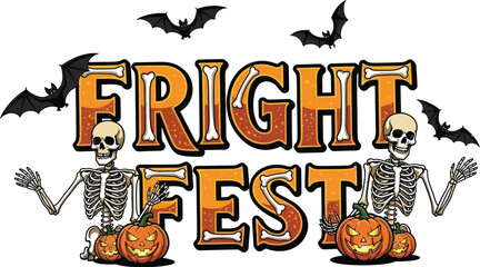 Fright fest banner with skeletons pumpkins and bats for halloween celebration