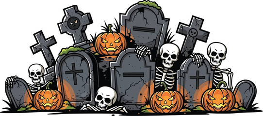 Spooky halloween graveyard scene with skeletons pumpkins and tombstones art