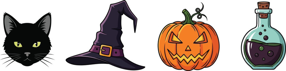 Halloween icons featuring a black cat witch hat pumpkin and potion bottle