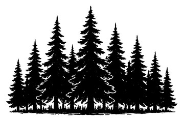Black and white silhouette of a dense evergreen forest with tall pine trees, textured ground, perfect for nature designs, rustic logos, outdoor graphics, wilderness illustrations, vector art, serene w