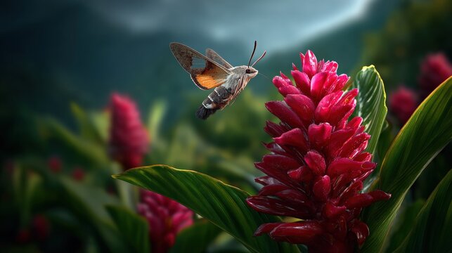 Hummingbird Moth Feeds on Vibrant Red Ginger Flower in Lush Greenery - Powered by Adobe