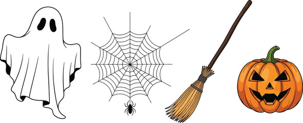 Spooky halloween icons featuring a ghost spiderweb broom and jack o lantern