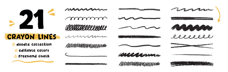 Crayon lines, charcoal highlight strokes doodle set. Pencil underlines, kids chalk strips, brush line in sketch style. Grunge texture. Hand drawn vector illustration isolated on white background