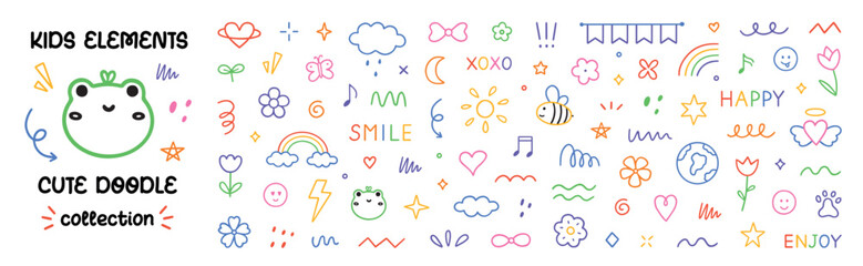 Cute kids elements, preschool kindergarten doodle icons set. Daycare, children drawings, flower, rainbow, cloud, sun, heart in sketch style. Hand drawn vector illustration isolated on white background