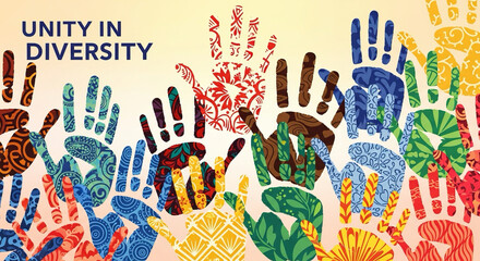 Poster design with diverse handprints in colorful patterns