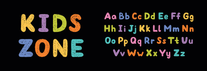 Crayon english alphabet doodle set. Chalk pencil font, school wax kid letters in sketch style. Hand drawn vector illustration isolated on black background. © AnyaLi