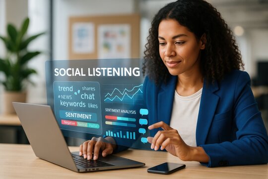 A woman analyzes social media data on her laptop, focusing on social listening and data analysis.