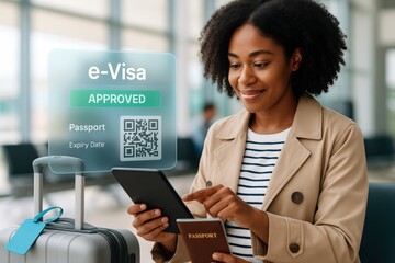 A woman looking at her tablet to view her e-visa with her passport in travel theme