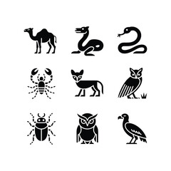Fototapeta premium Collection of ancient egyptian hieroglyph animals and symbols silhouette icons isolated
