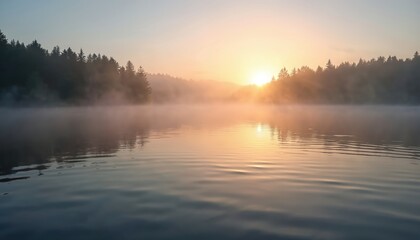Obraz premium Sunrise over a tranquil lake shrouded in soft mist. Gentle ripples on water surface. Forested hills veiled in fog at daybreak. Peaceful, calm, zen atmosphere.