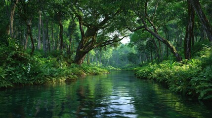 Lush Green Forest River with Sunlight Filtering Through Trees
