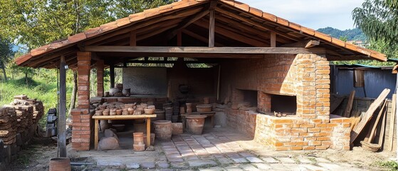 Obraz premium Pottery workshop outdoors earthenware clay pots