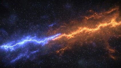 Fototapeta premium A spectacular cosmic scene showcases vibrant blue and orange lightning bolts traversing a vast expanse of starry space.
