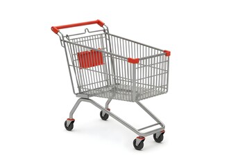 Metal shopping cart with red handles isolated on white. E-commerce, retail shopping, and consumer purchase concept for business use.