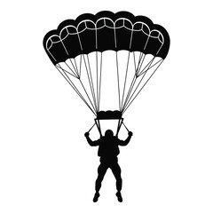 Silhouette of a skydiver descending with a deployed parachute in mid-air silhouette
