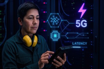 A woman working on the tablet in the server room with 5G technological interfaces