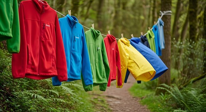 Colorful outdoor jackets drying on a clothesline in a forest path scene - Powered by Adobe