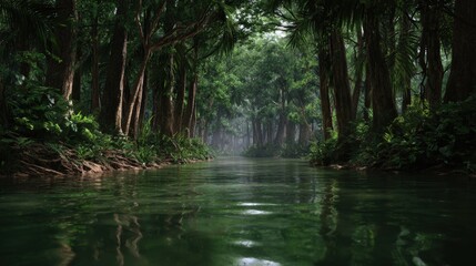 Obraz premium Lush Jungle River with Dense Green Foliage and Misty Atmosphere