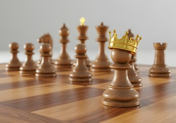 Golden chess king with crown on wooden board surrounded by other pieces. Leadership, strategy, and hierarchy concept for business and success themes.