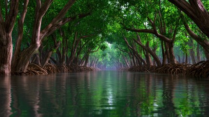 Fototapeta premium Lush Mangrove Forest with Waterway and Exposed Roots