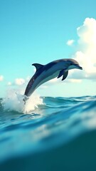 Fototapeta premium Dolphin leaps gracefully above ocean waves under a bright blue sky