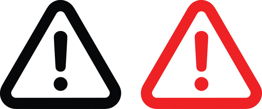 Warning alert icon set with exclamation mark in triangle, black and red outline style, ideal for safety, caution, or error UI indicators