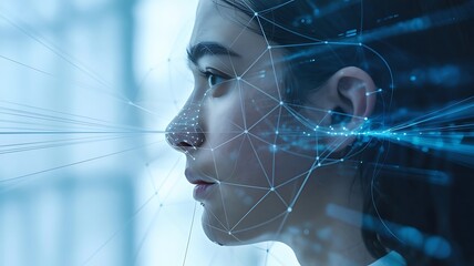 Young woman's profile with futuristic digital network overlay representing technology and connection