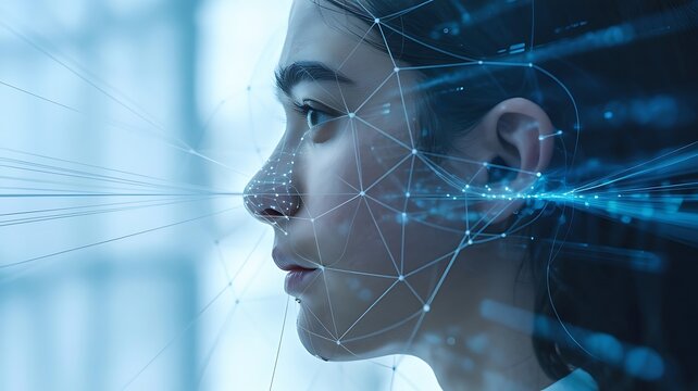 Young woman's profile with futuristic digital network overlay representing technology and connection - Powered by Adobe