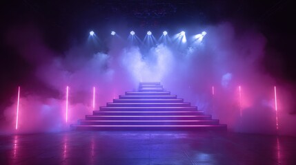 Illuminated staircase ascending into misty stage lights with neon accents