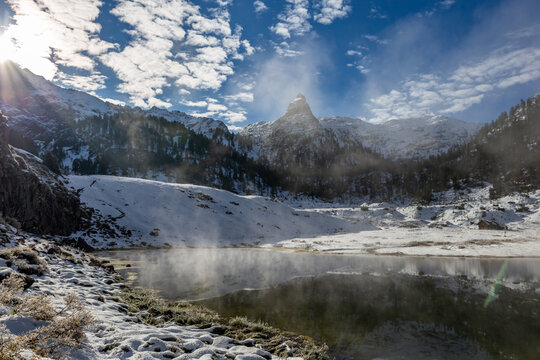 Lake Funtensee near K&auml;rlinghaus during Snowy Winter in the European Alps, Germany, Europe