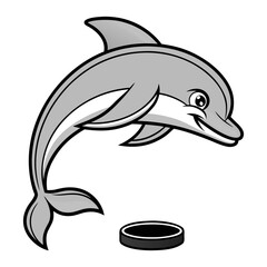 Fototapeta premium Cartoon dolphin leaping over a hockey puck